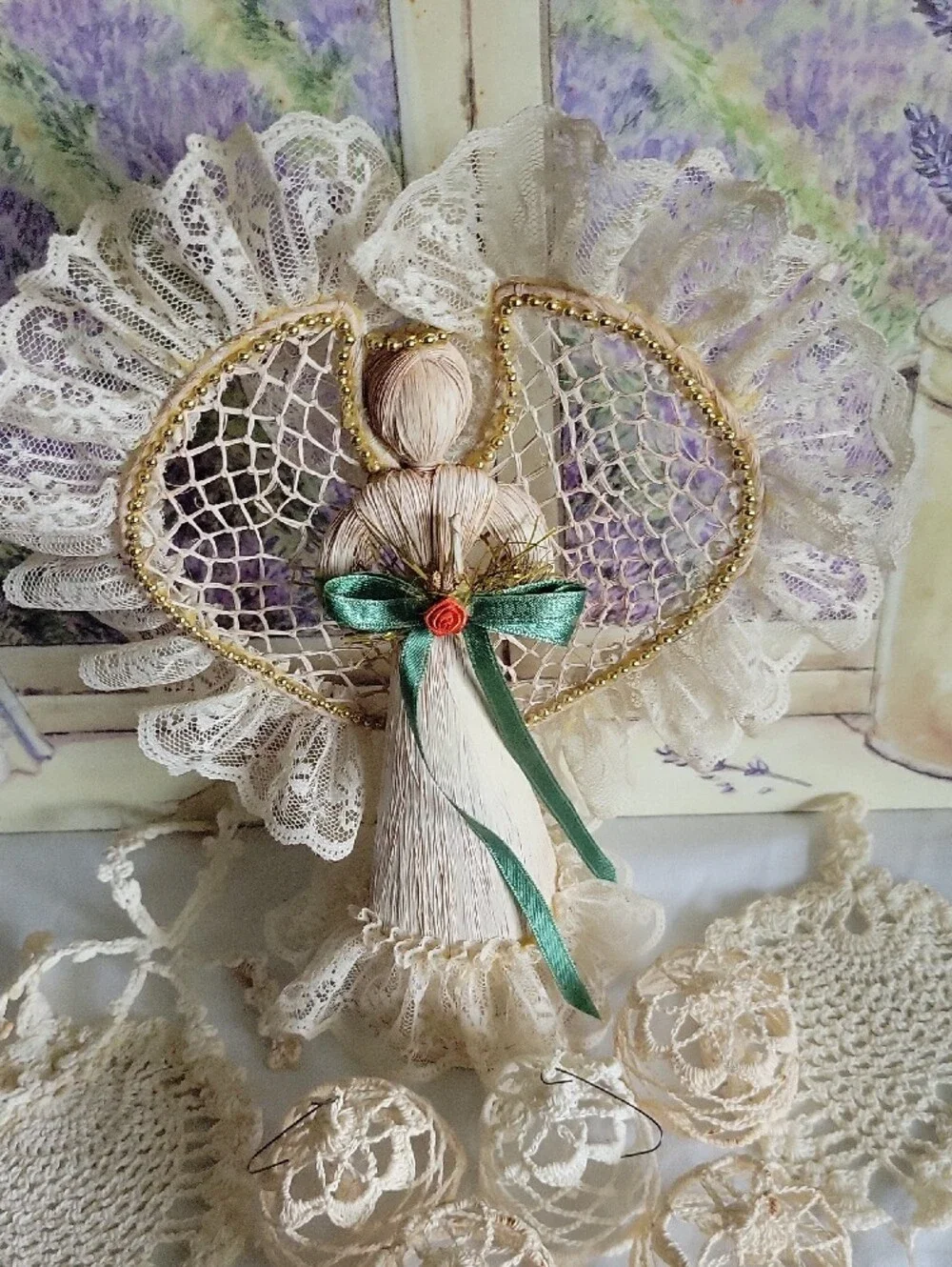 Handmade Corn Husk Angel Figurine & Crochet Lace Ornaments Doilies Lot